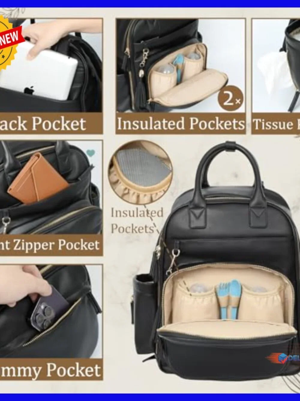 Large Leather Diaper Backpack with 16 Pockets, Changing Pad, Insulated